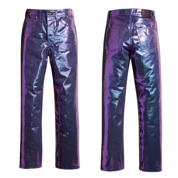 NEW Levi’s Premium purple metallic iridescent Ribcage straight ankle jeans, 26 - Picture 4 of 13